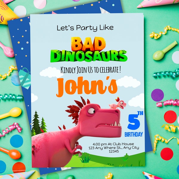 Bad Dinosaurs Tv show T-Rex Invitation, Dinosaur Birthday Invitation, T Rex 5th Birthday Invitation, Birthday Invitation , Editable