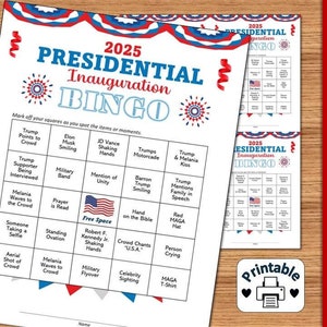 Peut inclure: Carte de bingo imprimable pour l'investiture présidentielle de 2025 avec des cases représentant des événements tels que Trump pointe vers la foule, Biden sourit et Melania fait signe à la foule. La carte mesure 8,5 pouces par 11 pouces et comprend un bonus 4-up sur 1 feuille.