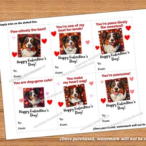 May include: Printable Valentine's Day cards featuring a dog with a red, white, and black coat. The cards have different messages, including "You're dog-gone cute!" and "You're paws-itively the sweetest!"