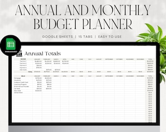 May include: A computer monitor displaying a spreadsheet titled "ANNUAL AND MONTHLY BUDGET PLANNER." The text "GOOGLE SHEETS | 15 TABS | EASY TO USE" is above the spreadsheet. The spreadsheet shows income and bills with monthly totals.