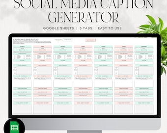 May include: A computer screen displaying a Google Sheets spreadsheet with a caption generator for social media. The spreadsheet has three tabs: Monday, Tuesday, and Wednesday. Each tab has columns for platform, type of post, post priority, write your post, caption hook, call to action, marketing text, and final post to copy.