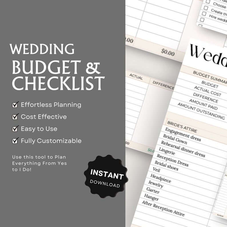 Pu&ograve; includere: Un modello stampabile di budget e checklist per matrimoni con un elenco di controllo delle attivit&agrave; e un foglio di calcolo del budget. Il modello &egrave; etichettato "Budget di matrimonio e checklist" e include il testo "Pianificazione senza sforzo", "Conveniente", "Facile da usare" e "Completamente personalizzabile".