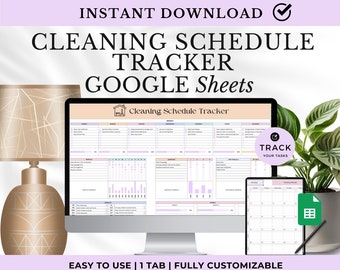 Puede incluir: Un rastreador digital de programación de limpieza que se muestra en un monitor de computadora y una tableta. El texto "CLEANING SCHEDULE TRACKER GOOGLE Sheets" está en la parte superior. También son visibles las palabras "INSTANT DOWNLOAD" y "EASY TO USE | 1 TAB | FULLY CUSTOMIZABLE".