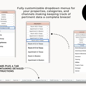 May include: Screenshot of a computer screen showing a spreadsheet program with multiple tabs. The tabs are labeled "READ ME", "Start", "Income", "Expenses", "Income Overview", "Expenses Overview", "Profit Overview", "Monthly Overview", and "Property Overview". The spreadsheet also includes dropdown menus for "CHANNEL", "PROPERTY", and "CATEGORY". The dropdown menus are fully customizable and allow users to track data for their properties, categories, and channels.