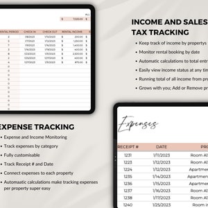 May include: A spreadsheet with a table showing income and sales tax tracking for a business. The table includes columns for channel, rental period, check in, check out, and rental income. The spreadsheet also includes a section for expense tracking, which includes columns for receipt number, date, and property.