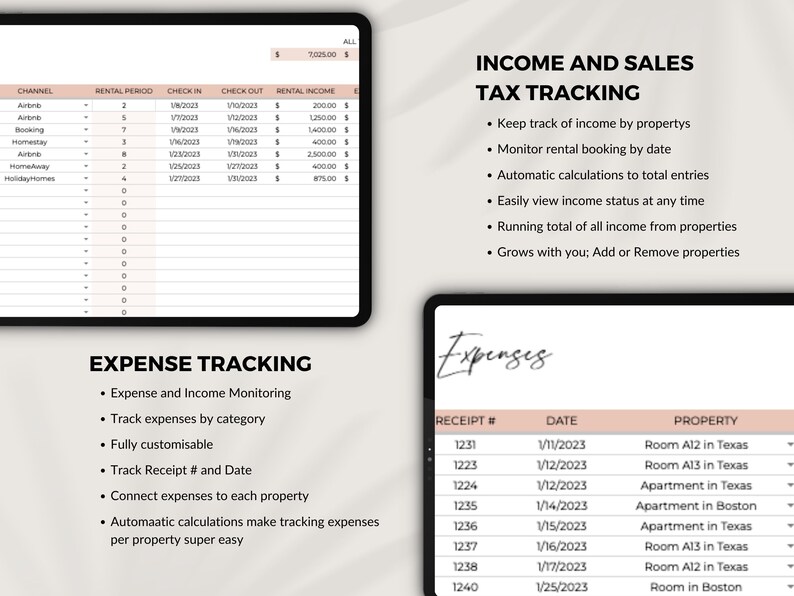 May include: A spreadsheet with a table showing income and sales tax tracking for a business. The table includes columns for channel, rental period, check in, check out, and rental income. The spreadsheet also includes a section for expense tracking, which includes columns for receipt number, date, and property.