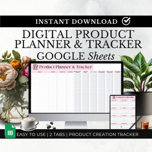 Pode incluir: Um modelo de planejador e rastreador de produtos digitais para Google Sheets. O modelo tem duas abas: "Planejador e rastreador de produtos" e "Calendário de conteúdo". A aba "Planejador e rastreador de produtos" tem colunas para o nome do produto, a categoria, a seção da loja, as publicações, as palavras-chave, criar o produto, testar o produto, as imagens da lista, adicionar uma maquete e a descrição do produto. A aba "Calendário de conteúdo" tem uma visualização de calendário para planejar o conteúdo.