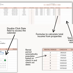 May include: A spreadsheet template for tracking rental income. The spreadsheet includes columns for booking, property, channel, rental period, check in, check out, rental income, extra fees, total amount, and notes. The spreadsheet also includes a calendar for tracking dates.