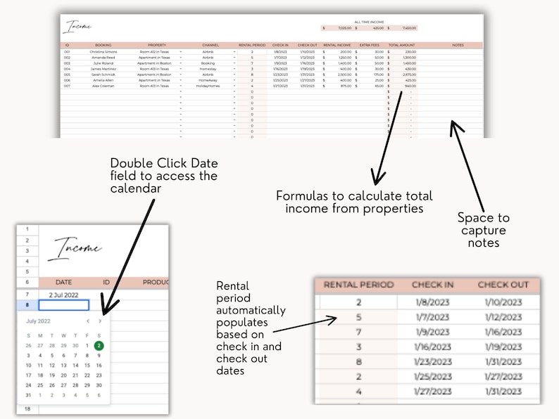 May include: A spreadsheet template for tracking rental income. The spreadsheet includes columns for booking, property, channel, rental period, check in, check out, rental income, extra fees, total amount, and notes. The spreadsheet also includes a calendar for tracking dates.