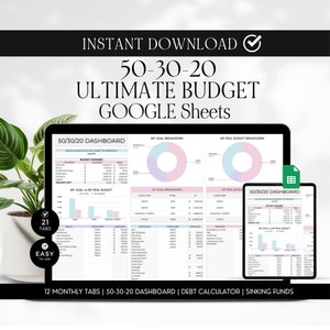 50 30 20 Budget Google Sheet, Annual Spreadsheet Template Dashboard, Loud Budgeting, Paycheck Tracker, Financial Planner, Income & Expense