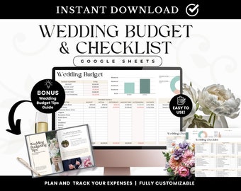 May include: A digital wedding budget and checklist template for Google Sheets. The template includes a budget summary, a detailed budget breakdown, and a checklist of tasks. The template is easy to use and fully customizable. A bonus wedding budget tips guide is also included.