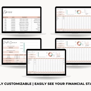 May include: A laptop screen displaying a spreadsheet with the title "Expenses" and a table with columns for "Receipt #", "Date", "Property", and "Category". The spreadsheet is designed for tracking rental property expenses.