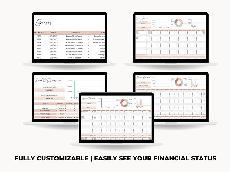 May include: A laptop screen displaying a spreadsheet with the title "Expenses" and a table with columns for "Receipt #", "Date", "Property", and "Category". The spreadsheet is designed for tracking rental property expenses.