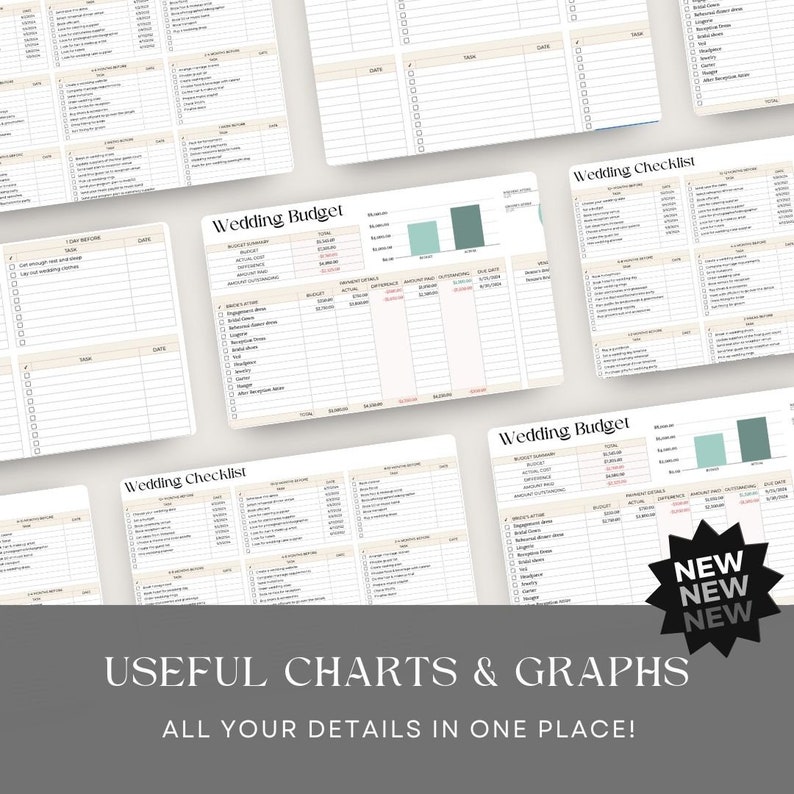 Pu&ograve; includere: Un set di grafici e liste di controllo per la pianificazione del matrimonio stampabili. I grafici includono un budget di matrimonio con sezioni per le spese effettive e una lista di controllo per il matrimonio con sezioni per i compiti da completare prima del matrimonio.