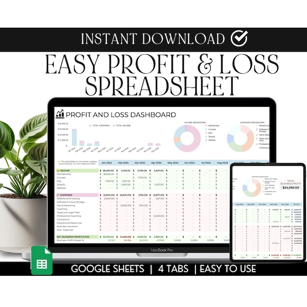 Profit and Loss Template Google Sheets, P and L Statement, Annual Profit Calculator, Easy Bookkeeping, Monthly Income and Expenses Tracker