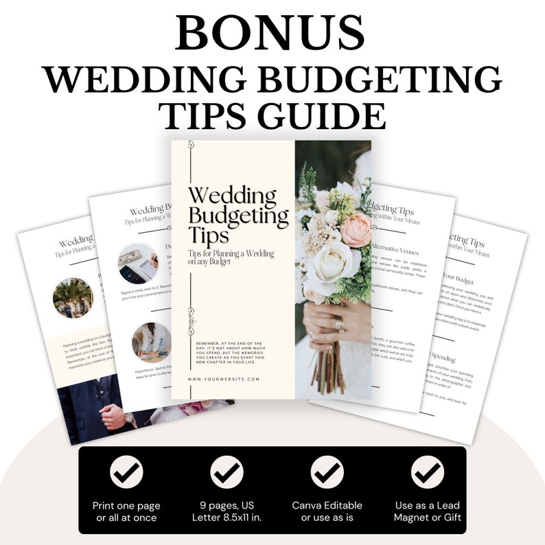 Pu&ograve; includere: Una guida stampabile con consigli per il budget di un matrimonio con sfondo bianco e testo nero. La guida include consigli per pianificare un matrimonio con qualsiasi budget. La guida &egrave; composta da 9 pagine, formato lettera US 8,5x11 pollici ed &egrave; modificabile su Canva. La guida pu&ograve; essere utilizzata come un magnete per lead o un regalo.