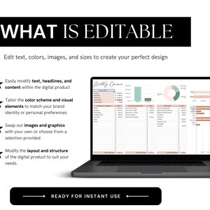 May include: A laptop screen displaying a digital product with a spreadsheet and charts. The spreadsheet has columns for income, expenses, and savings. The charts are in shades of pink, green, and brown. The text on the screen reads "Milly Omma". The text below the laptop reads "WHAT IS EDITABLE" and "READY FOR INSTANT USE".