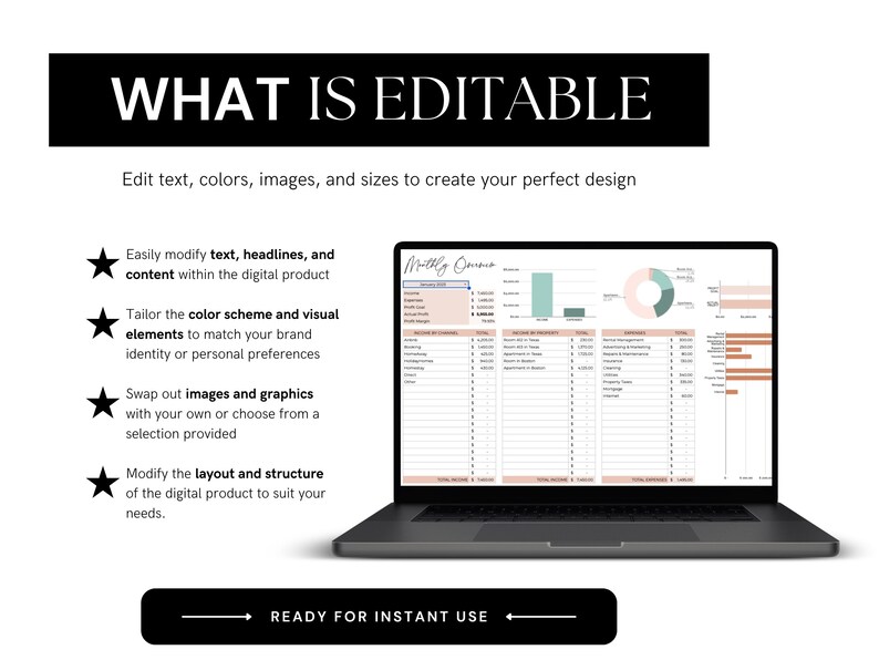 May include: A laptop screen displaying a digital product with a spreadsheet and charts. The spreadsheet has columns for income, expenses, and savings. The charts are in shades of pink, green, and brown. The text on the screen reads "Milly Omma". The text below the laptop reads "WHAT IS EDITABLE" and "READY FOR INSTANT USE".