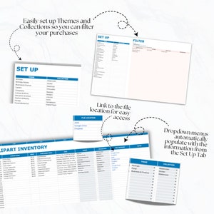 May include: A digital inventory management system with blue and white tables. The image shows the "Set Up" and "Filter" tabs, along with a "Clipart Inventory" table. Text includes "Easily set up Themes and Collections so you can filter your purchases."