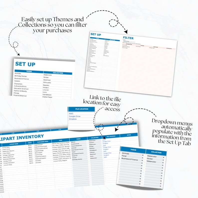 May include: A digital inventory management system with blue and white tables. The image shows the "Set Up" and "Filter" tabs, along with a "Clipart Inventory" table. Text includes "Easily set up Themes and Collections so you can filter your purchases."