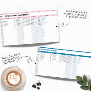 May include: Two spreadsheets labeled "SELLER'S CLIPART INVENTORY" and "CLIPART INVENTORY" are displayed. The spreadsheets have columns for various details. Text on the image reads "Track your clipart inventory capturing important details" and "Track the clipart your purchase effortlessly."