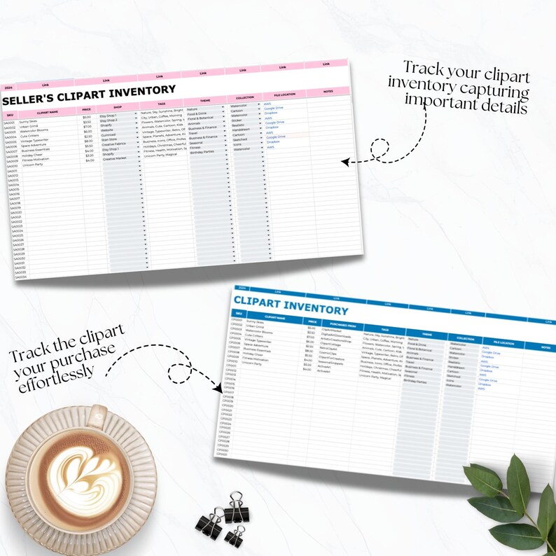 May include: Two spreadsheets labeled "SELLER'S CLIPART INVENTORY" and "CLIPART INVENTORY" are displayed. The spreadsheets have columns for various details. Text on the image reads "Track your clipart inventory capturing important details" and "Track the clipart your purchase effortlessly."