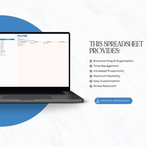 May include: A laptop displays a spreadsheet titled "FILTER." The screen shows a table with various columns. Text on the right states "THIS SPREADSHEET PROVIDES:" followed by a list of benefits. An "INSTANT DOWNLOAD" button is at the bottom.