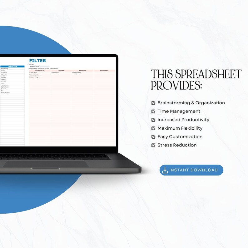 May include: A laptop displays a spreadsheet titled "FILTER." The screen shows a table with various columns. Text on the right states "THIS SPREADSHEET PROVIDES:" followed by a list of benefits. An "INSTANT DOWNLOAD" button is at the bottom.