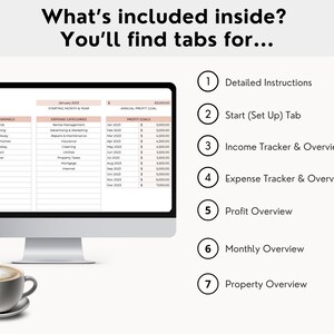 May include: A computer screen displaying a spreadsheet with tabs for detailed instructions, start-up, income tracker, expense tracker, profit overview, monthly overview, and property overview. The spreadsheet is titled "What's included inside? You'll find tabs for..." and includes a section for "Profit Goals" with a goal of $1000.00 for December 2021.
