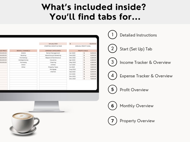May include: A computer screen displaying a spreadsheet with tabs for detailed instructions, start-up, income tracker, expense tracker, profit overview, monthly overview, and property overview. The spreadsheet is titled "What's included inside? You'll find tabs for..." and includes a section for "Profit Goals" with a goal of $1000.00 for December 2021.