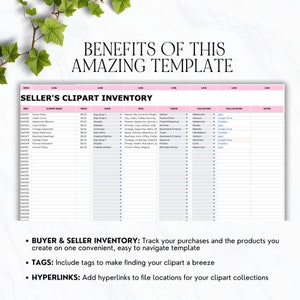 May include: A pink and white spreadsheet titled "Seller's Clipart Inventory" with columns for SKU, clipart name, price, shop, tags, theme, collection, file location, and notes. Text at the bottom highlights inventory tracking, tags, and hyperlinks.