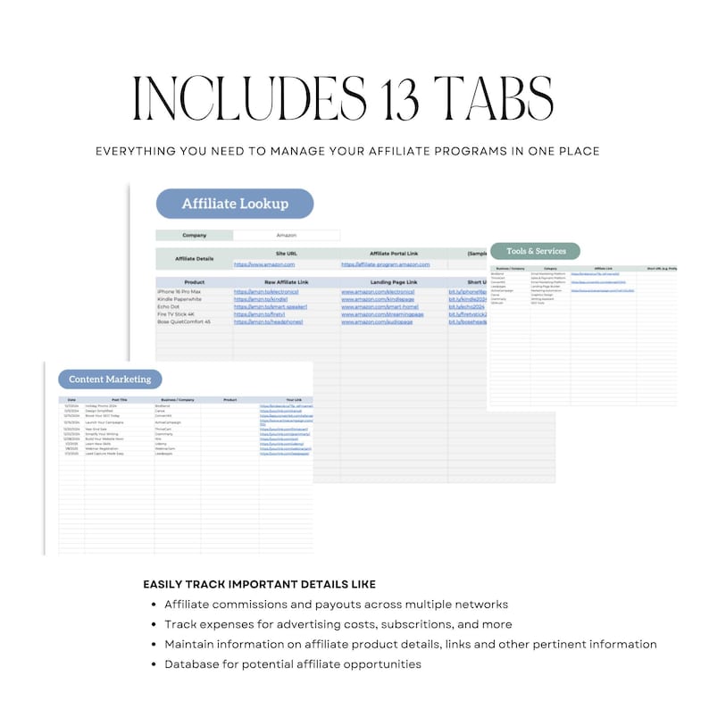Google Sheets screenshot of the Ultimate Affiliate Marketing Spreadsheet, featuring tabs like Commission Tracker, Expenses Tracker, Affiliate Partners, ad campaign tracker spreadsheet designed to help marketers track earnings and optimize campaigns.