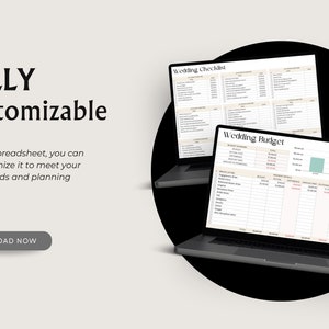 Pu&ograve; includere: Due schermate di laptop che mostrano un elenco di controllo per il matrimonio e un foglio di calcolo del budget di nozze. Il testo sullo schermo recita "Wedding Checklist" e "Wedding Budget". Il laptop &egrave; su una superficie nera.