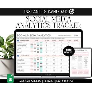 Social Media Analytics Tracker, Google Spreadsheets 12 maanden postprestatie-audit, Facebook en Instagram Marketing Planner Template Spreadsheet