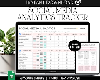 Social Media Analytics Tracker, Google Sheets 12 Month Post Performance Audit, Facebook And Instagram Marketing Planner Template Spreadsheet