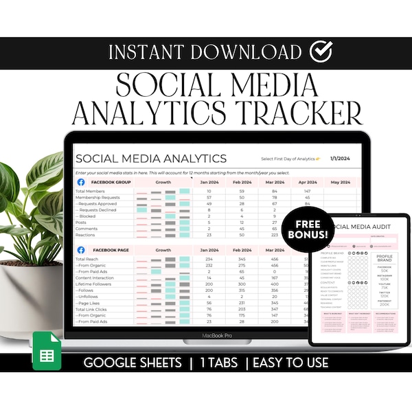 Social Media Analytics Tracker, Google Sheets 12 Month Post Performance Audit, Facebook And Instagram Marketing Planner Template Spreadsheet