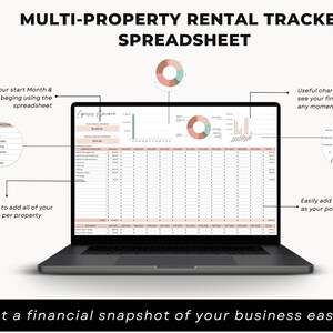 May include: A laptop computer displaying a spreadsheet with charts and graphs. The spreadsheet is titled "Multi-Property Rental Tracker Spreadsheet". The spreadsheet is designed to track income and expenses for multiple rental properties.