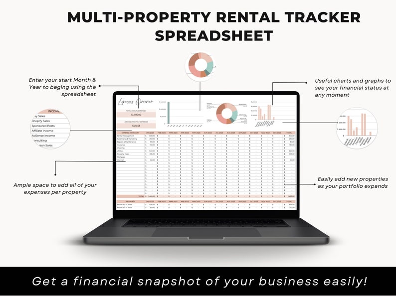 May include: A laptop computer displaying a spreadsheet with charts and graphs. The spreadsheet is titled "Multi-Property Rental Tracker Spreadsheet". The spreadsheet is designed to track income and expenses for multiple rental properties.