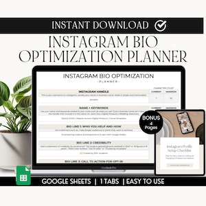 Pode incluir: O ecrã de um computador portátil que mostra uma folha de cálculo do Google Sheets com uma lista de verificação para otimizar uma bio do Instagram. A lista de verificação inclui seções para o nome de utilizador do Instagram, o nome e as palavras-chave, a linha de bio 1, a linha de bio 2 e a linha de bio 3. A folha de cálculo é intitulada "Instagram Bio Optimization Planner".