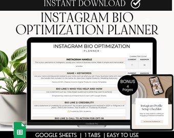 Instagram Bio Optimization Planner, Google Sheets Template (Digital Download)