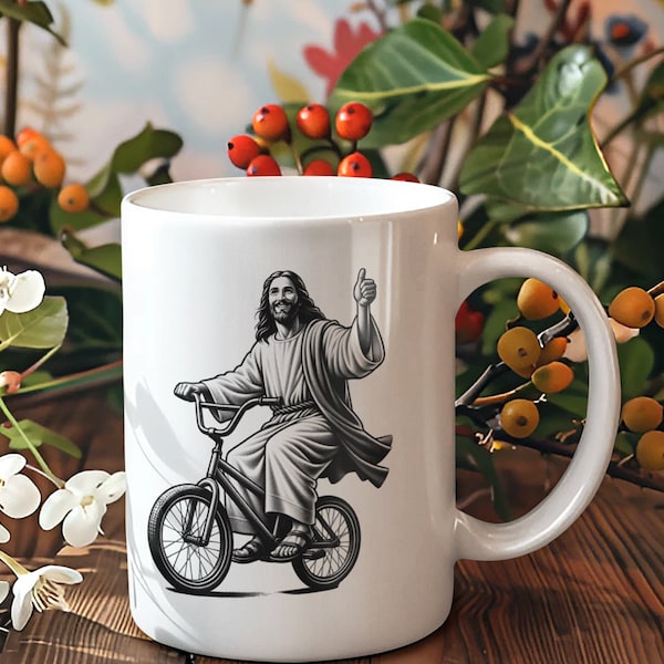 Christ on a bike Jesus on a bike, Christ riding a bike, Christian mug gift funny Mothers day Jesus riding a bicycle