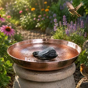 May include: A round, hammered copper birdbath bowl filled with water and containing a single smooth, dark grey stone. The bowl rests on a cylindrical stone pedestal in a garden setting with flowers and two small birds nearby.