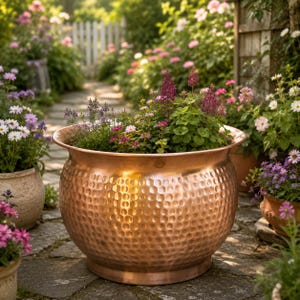 May include: A large, round, hammered copper planter with a wide, flared rim. The metallic surface features a textured, dimpled pattern that reflects light. The planter is filled with green foliage and small purple and pink flowers.