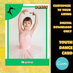 Modelo de cartão de equipe de dança | Modelo Canva | Cartão de esportes para jovens | Cartão de troca editável | Download digital do modelo de cartão de esportes