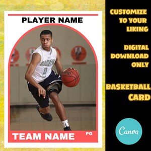 Modelo de cartão de basquete | Modelo Canva | Cartão esportivo juvenil | Cartão de negociação editável | Download digital do modelo de cartão esportivo