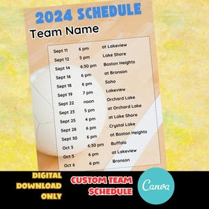 Puede incluir: Un calendario de equipo de voleibol para descargar digitalmente para 2024. El calendario está sobre un fondo beige con texto azul, que enumera fechas, horas y lugares. El texto "2024 SCHEDULE" y "Team Name" están en la parte superior. Un voleibol es parcialmente visible.
