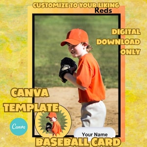 Modelo de cartão de beisebol | Modelo Canva | Cartão esportivo juvenil | Cartão de troca editável | Download digital de modelo de cartão esportivo personalizado