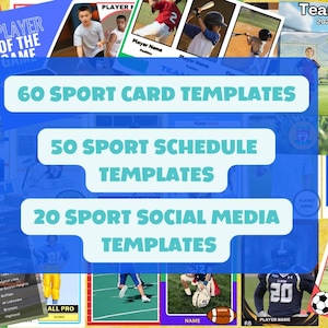 60 Modelos de Cartões Esportivos/50 Modelos de Cronograma de Equipe/20 Modelos de Mídias Sociais Esportivas | Modelos Canva | Modelos Editáveis | Cartões Esportivos Juvenis