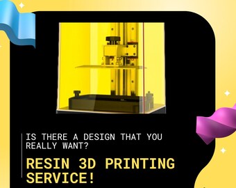 Op de afbeelding: Een gele 3D-printer met een zwarte basis en een transparante harsbak. De printer staat op een zwarte achtergrond met witte sterren. De tekst "IS THERE A DESIGN THAT YOU REALLY WANT? RESIN 3D PRINTING SERVICE!" staat boven de printer. De tekst "WHAT CAN YOU PRINT? • Keycaps • Figurines • Projects • Gadgets • You name it! 0.01MM PRECISION! Contact Me! AMAZING QUALITY!" staat onder de printer.