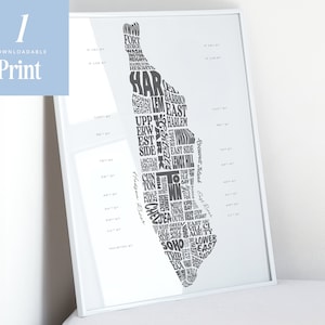 Impression de la ville de New York | affiche du quartier de Manhattan | Créations Wordles | Affiche de carte de New York | Art noir et blanc | Téléchargement numérique